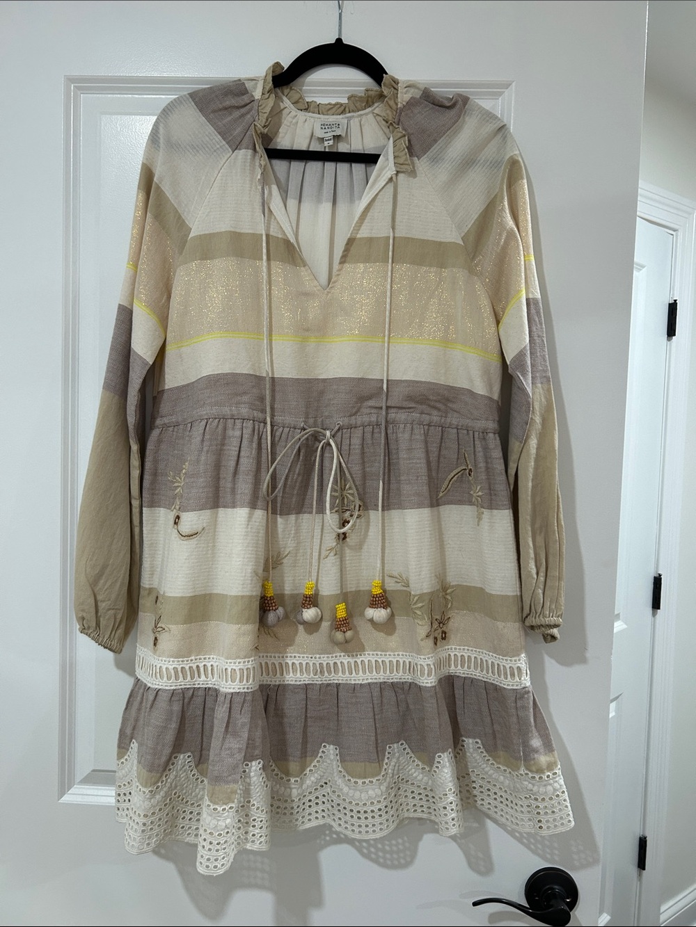 HEMANT & NANDITA Beige, Cream and Taupe Striped Long Sleeve Tiered Dress